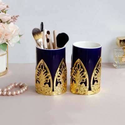 Dark Blue Color Glaze Ceramic Makeup Brush Storage Box With Golden Metal Decorative Coat